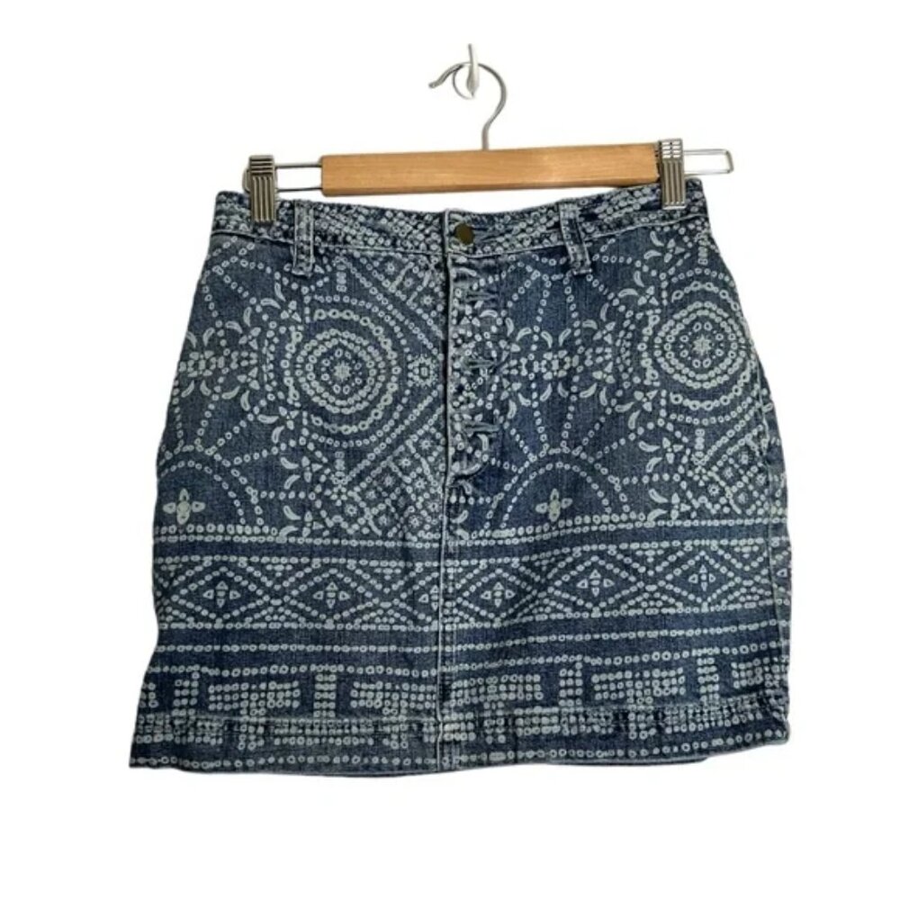 Free People School Daze Tribal Denim Mini Button Fly Skirt - Picture 2 of 6